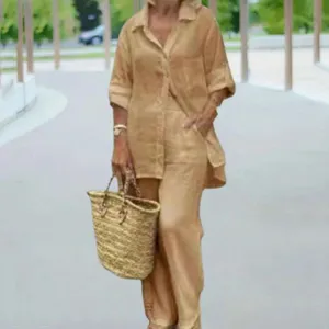 Casual two-piece linen set featuring a long sleeve button-up shirt and matching pants.