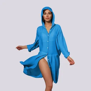 Blue hooded beach cover-up shirt, long sleeve swimwear cardigan for women vacation sun protection.