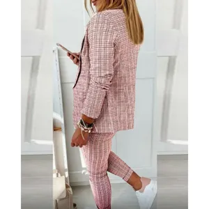 Women plaid casual blazer suit two piece set long sleeve jacket and trousers for daily wear