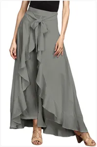 Grey chiffon wide leg pants detail showing high waist design and elegant front bow tie.
