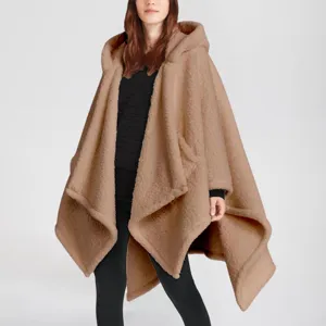 Women fleece hooded cape warm cozy wearable blanket winter shawl outerwear comfortable style