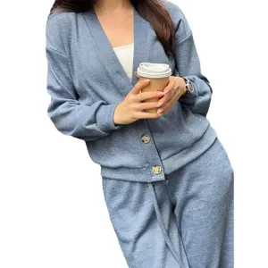 Ensemble Cardigan en Tricot et Pantalon Casual pour Femme Manches Longues Bleu