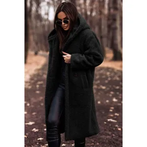 Women black hooded long fleece teddy coat, warm winter fashion casual outerwear main view.