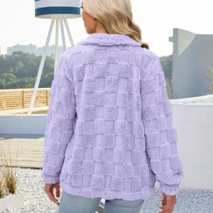 Detail view of a cozy purple checkered fleece zip cardigan jacket for women. Perfect autumn style.