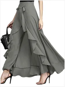 Grey high waist chiffon wide leg pants detail, elegant bow tie belt and flowing layers.