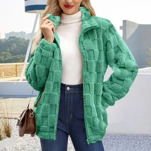 Green checkered fuzzy fleece zip-up jacket for women, cozy winter stand collar outerwear.