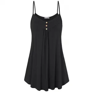 Women Summer Casual V-Neck Spaghetti Strap Tank Top Loose Pleated Button Cami Plus Size Black
