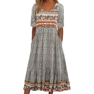 Women's Bohemian Printed Maxi Dress Casual Scoop Neck Short Sleeve Long Dress with Pockets
