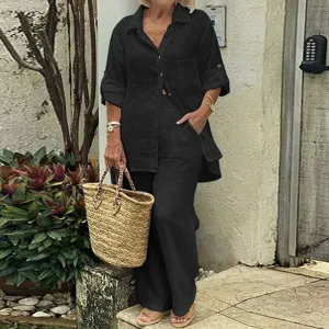 Women two piece outfit long sleeve button down shirt and wide leg pants casual set black