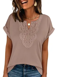 Detailed view of women bohemian lace V-neck short sleeve loose casual summer t-shirt.