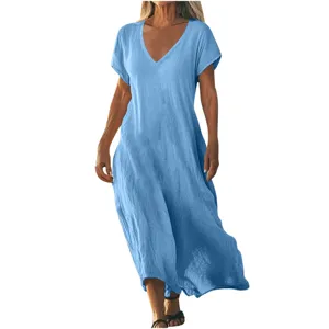 Detail view of casual women summer solid color linen V-neck short sleeve loose midi dress.