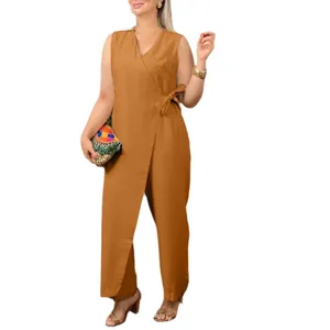 Tuta donna casual monocolore con scollo a V senza maniche e legatura laterale estate.