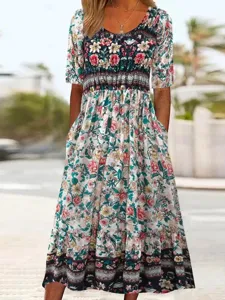 Women short sleeve floral maxi dress summer bohemian scoop neck long dress with pockets