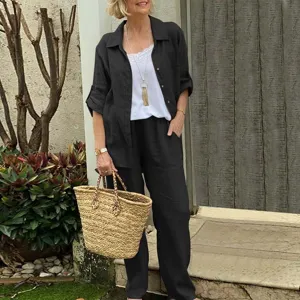 Women two piece set long sleeve lapel cardigan and pants casual outfit spring summer detail view