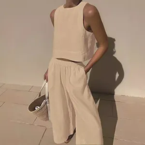 Ensemble deux pièces haut sans manches de couleur unie et pantalon large pour femmes