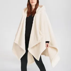 Women's fleece hooded cape wearable blanket cozy warm poncho coat for office and daily wear.