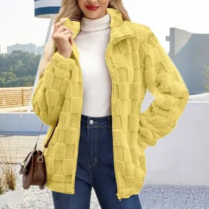 Women yellow fuzzy zip up jacket casual stand collar checkerboard plush coat winter warm