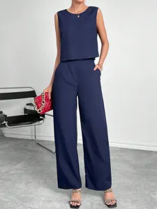 Ensemble chic pour femme haut sans manches uni et pantalon large tenue d'été décontractée.