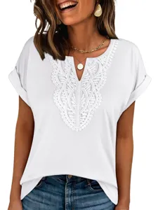 Detailed view of the elegant white V-neck short sleeve lace t-shirt showing fine details.
