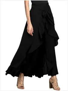 Detail view of women high waist black wide leg pants featuring front tie wrap ruffle design.