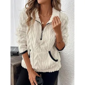 Women's Casual Lapel Half Zip Fleece Sweatshirt Long Sleeve Loose Jacquard Pocket Short Pullover Top
