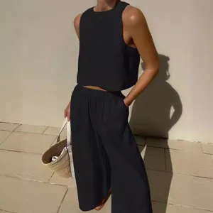 Ensemble deux pièces décontracté uni sans manches haut court pantalon large femme été.