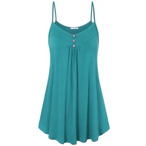 Women Summer Casual V-Neck Spaghetti Strap Camisole Loose Pleated Tank Top with Buttons