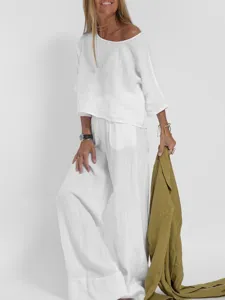 Detailansicht des lässigen einfarbigen Leinen Kurzarm Hosen Sets für Damen im Sommer.