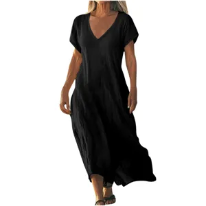 Detail view of a loose black cotton linen V-neck short sleeve maxi dress for women.