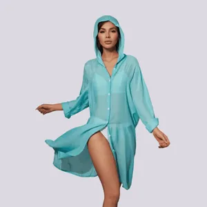 Women Casual Long Sleeve Hooded Sun Protection Shirt Beach Vacation Solid Color Loose Cardigan Top UPF