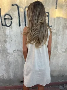 Summer casual loose sleeveless cotton linen midi dress for women, breathable daily wear.