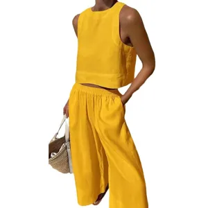 Ensemble de deux pieces casual pour femme ete haut sans manches et pantalon jaune main