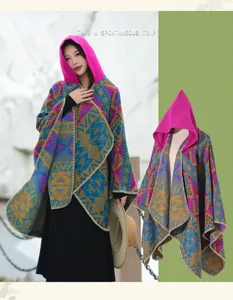 Vintage hooded poncho with geometric patterns for autumn outdoor travel photography