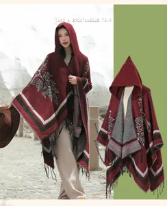 Ethnischer Kapuzen-Schal Poncho mit Blumenmuster und Quasten für Reisen