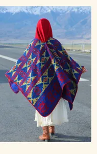 Vintage ethnic geometric pattern hooded poncho shawl for outdoor winter travel photography