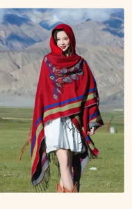 Ethno-Stil rotes Kapuzen-Schultertuch mit Blumenstickerei und Fransen für Damen