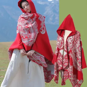Damen Retro Ethno Umhang Kapuzenschal Kaschmir-Imitation Vintage Paisleymuster Böhmisch Wrap Poncho Für Reisen Fotografie
