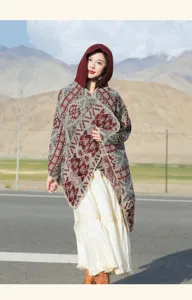 Vintage bohemian geometric hooded shawl wrap for ethnic style outdoor photography sessions