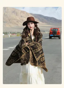 Vintage patterned hooded shawl poncho perfect for autumn travel and outdoor photography