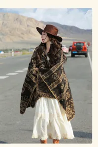 Vintage brown ethnic pattern hooded cloak shawl for desert outdoor travel photography