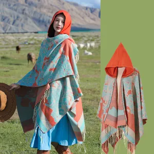 Châle Cape Ethnique en Tricot d'Imitation Cachemire À Capuche Femme Rétro Floral Jacquard Glands Poncho Voyage Robe