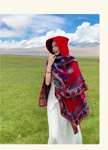 Nahaufnahme eines roten Strickschals mit Kapuze und Retro-Mustern in einer Landschaft
