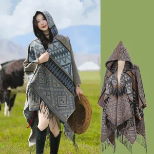 Bohemian Vintage Geometrische Strick Kapuzenschal Kaschmir-Imitat Quaste Schal Umhang Fransen Poncho Für Damen Reisefotografie