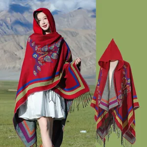 Vintage Ethnisch Damen Kaschmir Ähnlich Kapuzenschal Quaste Jacquard Geometrisch Floral Fransen Cape Umhang Für Reisen Decke