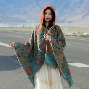 Vintage bohemian ethnic pattern hooded poncho shawl for autumn winter outdoor travel