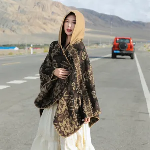 Vintage ethnic pattern hooded poncho shawl for women thick winter travel outdoor cloak