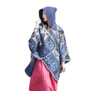 Vintage hooded blue patterned poncho shawl for women, bohemian style winter cloak wrap