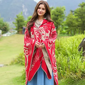 Modisches rotes und beige gemustertes warmes Winter-Damen-Schultertuch mit offenem Design