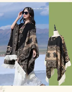 Ethno-Jacquard-Poncho-Schal im Bohème-Stil mit Fransen für Reisen im Freien