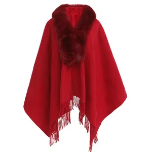 Poncho rouge élégant en imitation cachemire avec col en fausse fourrure